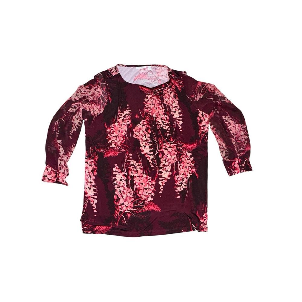 Susan Graver Top Womens 2X Shirt Floral Sheer Sleeve Art Artsy Mature Plus